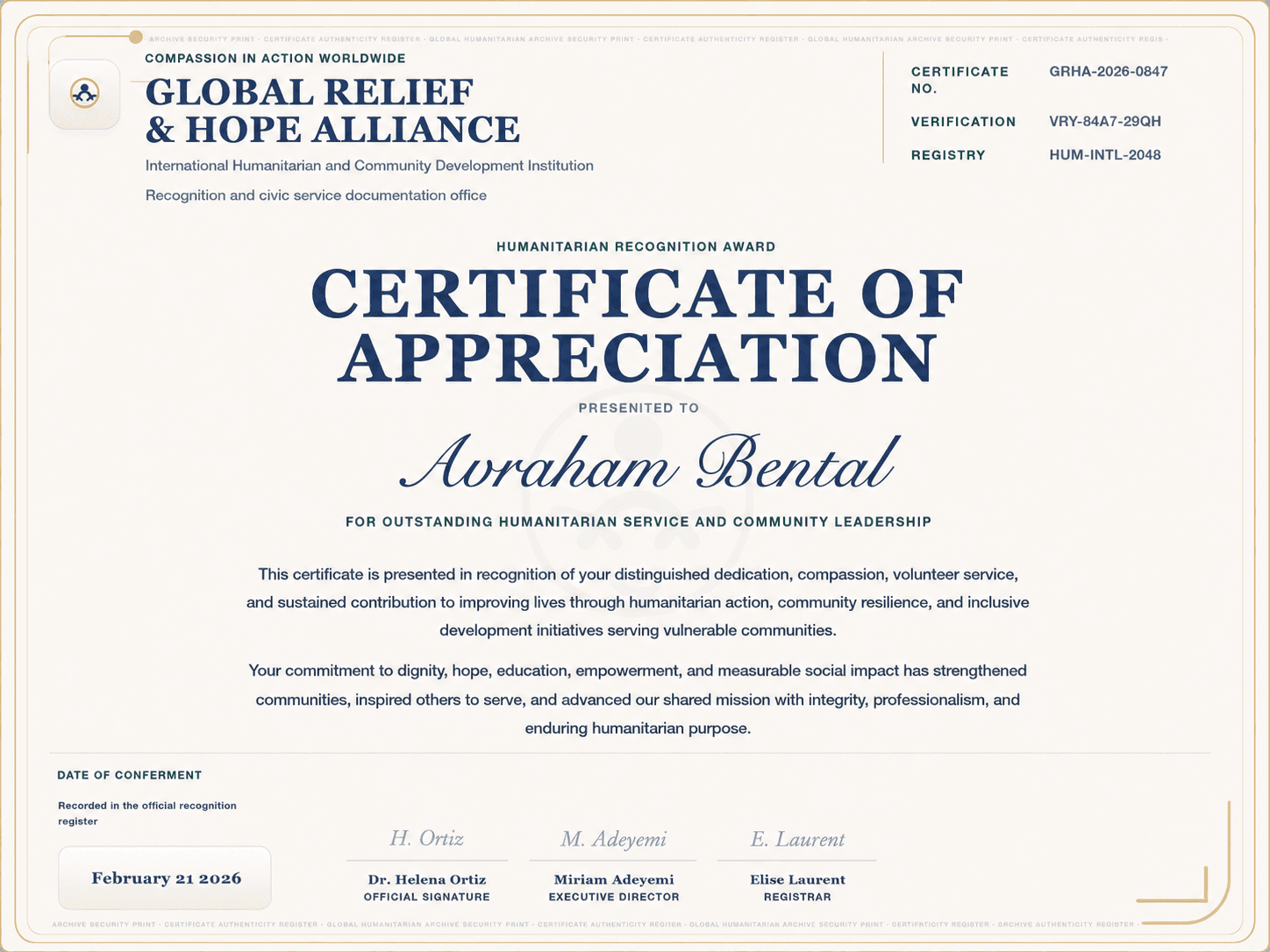 Humanitarian Recognition Award certificate of appreciation presented to Avraham Bental